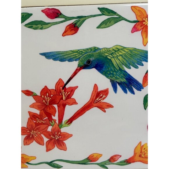 Hand-Painted Ceramic Tile Wall Hanging With Hummingbird & Floral Design In Woode - Picture 8 of 9
